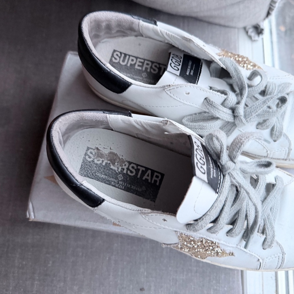Golden Goose White Sneakers with Gold Glitter Star and Black Heel - Picture 3 of 5
